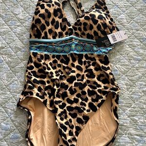 La Blanca Tan and Black One Piece Swimsuit with V-Neck